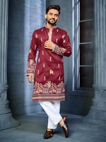 FANCY SOFT SILK MULTI THREAD EMBROIDERY WORK MEN'S KURTA PAYJAMA MAROON