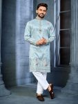 FANCY SOFT SILK MULTI THREAD EMBROIDERY WORK MEN'S KURTA PAYJAMA SKY
