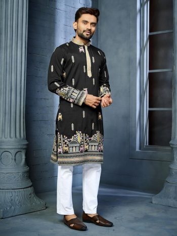 FANCY SOFT SILK MULTI THREAD EMBROIDERY WORK MEN'S KURTA PAYJAMA BLACK