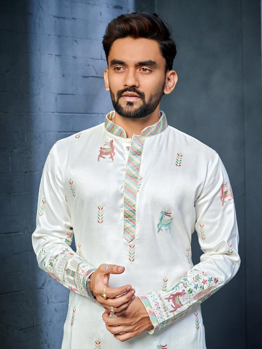 FANCY SOFT SILK MULTI THREAD EMBROIDERY WORK MEN'S KURTA PAYJAMA FESTIVE WEAR WHOLESALE PRICE ETHNIC GARMENT (8)