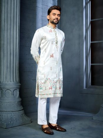FANCY SOFT SILK MULTI THREAD EMBROIDERY WORK MEN'S KURTA PAYJAMA WHITE