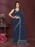 FANCY STAR GEORGETTE EMBROIDERY CUTWORK WORK LACE BORDER WORK SAREE WITH UNSTITCHED BLOUSE NAVY BLUE