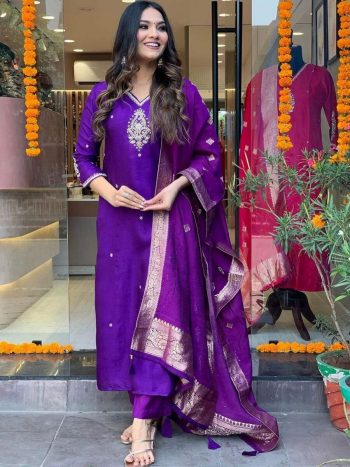 FANCY VISCOSE CHANDERI EMBROIDERY WORK TOP BOTTOM WITH DUPATTA PURPLE