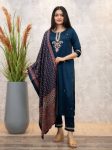 FANCY VISCOSE CHANDERI SEQUENCE CODING EMBROIDERY WORK TOP BOTTOM WITH DUPATTA NAVY BLUE