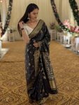FASHIONABLE BANARASI SOFT SILK GOLD ZARI WEAVING WORK SAREE WITH UNSTITCHED BLOUSE BLACK