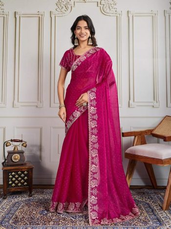 FASHIONABLE CHIFFON SILK EMBROIDERY WITH CUTWORK BORDER SAREE WITH UNSTITCHED BLOUSE RANI