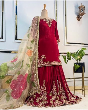 FASHIONABLE CHINON SILK EMBROIDERY SEQUENCE WORK TOP PALAZZO WITH DUPATTA RED