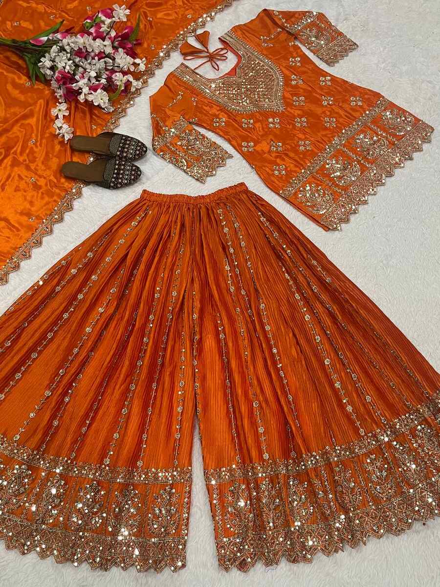 FASHIONABLE CHINON SILK SEQUENCE EMBROIDERY WORK TOP PALAZZO WITH DUPATTA FESTIVE WEAR WHOLESALE PRICE ETHNIC GARMENT (12)