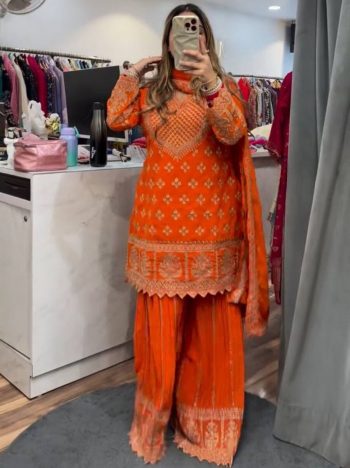 FASHIONABLE CHINON SILK SEQUENCE EMBROIDERY WORK TOP PALAZZO WITH DUPATTA ORANGE