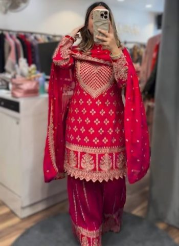 FASHIONABLE CHINON SILK SEQUENCE EMBROIDERY WORK TOP PALAZZO WITH DUPATTA PINK
