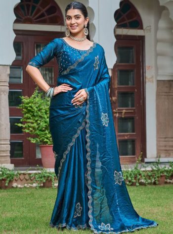 FASHIONABLE FENDY SILK DIAMOND WORK SAREE WITH UNSTITCHED BLOUSE TEAL