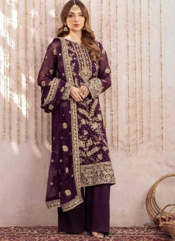 FASHIONABLE GEORGETTE EMBROIDERY SEQUENCE WORK TOP PALAZZO WITH DUPATTA PURPLE
