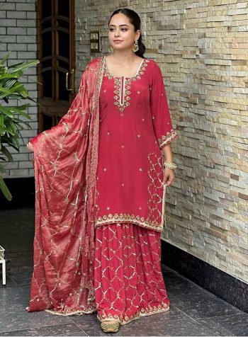 FASHIONABLE GEORGETTE EMBROIDERY SEQUENCE WORK TOP SHARARA WITH DUPATTA RED