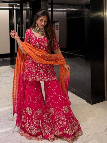 FASHIONABLE GEORGETTE EMBROIDERY THREAD SEQUENCE WORK TOP PALAZZO WITH DUPATTA PINK