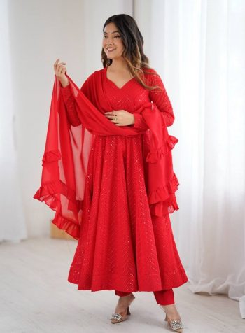 FASHIONABLE GEORGETTE LUKHNOWI SEQUENCE WORK ANARKALI GOWN BOTTOM WITH DUPATTA RED