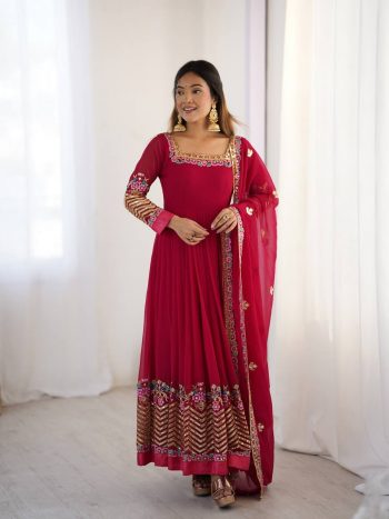 FASHIONABLE GEORGETTE MULTI THREAD HEAVY EMBROIDERY SEQUENCE WORK GOWN BOTTOM WITH DUPATTA RANI