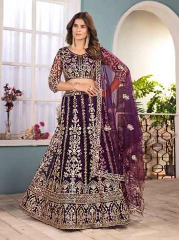 FASHIONABLE NET EMBROIDERY SEQUENCE DESIGN WORK LEHENGA CHOLI WITH DUPATTA PURPLE