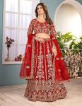 FASHIONABLE NET EMBROIDERY SEQUENCE DESIGN WORK LEHENGA CHOLI WITH DUPATTA RED