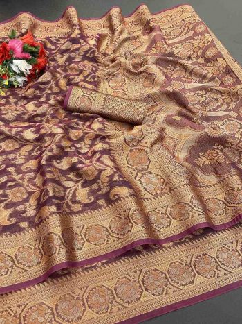 FASHIONABLE ORGANZA DESIGNER BORDER SAREE WITH UNSTITCHED BLOUSE WINE