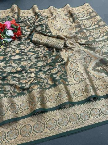 FASHIONABLE ORGANZA DESIGNER BORDER SAREE WITH UNSTITCHED BLOUSE GREEN