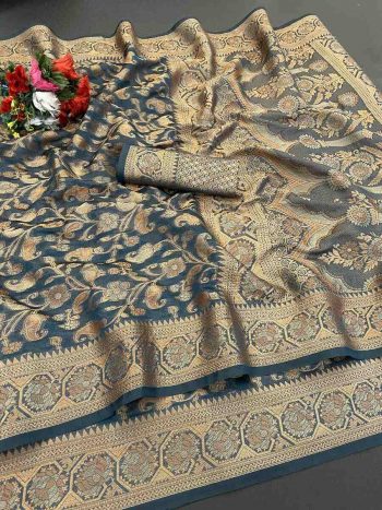 FASHIONABLE ORGANZA DESIGNER BORDER SAREE WITH UNSTITCHED BLOUSE TEAL