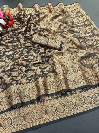 FASHIONABLE ORGANZA DESIGNER BORDER SAREE WITH UNSTITCHED BLOUSE BLACK