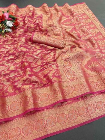 FASHIONABLE ORGANZA DESIGNER BORDER SAREE WITH UNSTITCHED BLOUSE PINK