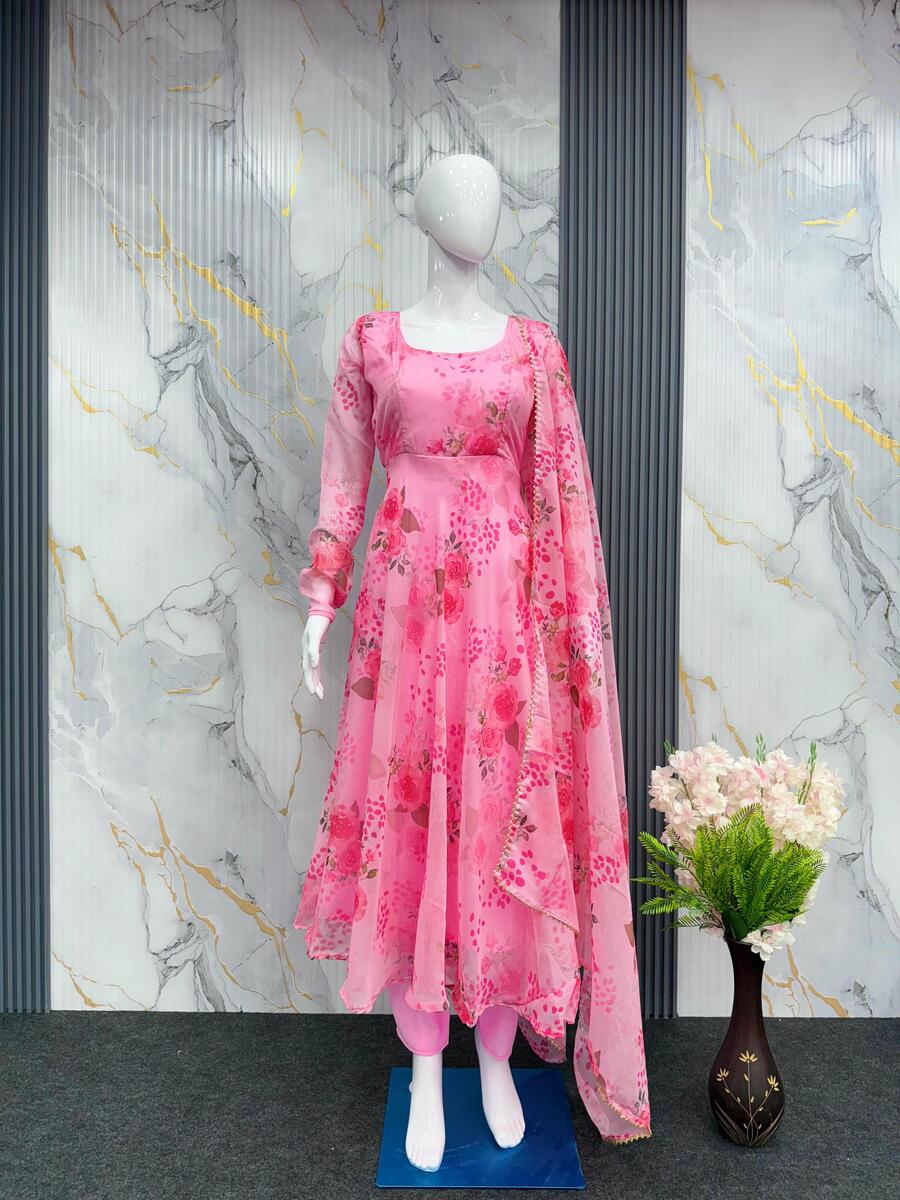 FASHIONABLE ORGANZA FLORAL PRINT WORK ANARKALI BOTTOM WITH DUPATTA FESTIVAL WEAR WHOLESALE PRICE ETHNIC GARMENT (1)