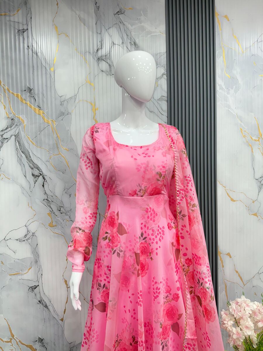 FASHIONABLE ORGANZA FLORAL PRINT WORK ANARKALI BOTTOM WITH DUPATTA FESTIVAL WEAR WHOLESALE PRICE ETHNIC GARMENT (15)