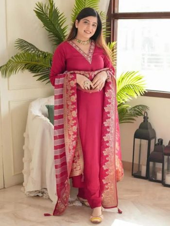 FASHIONABLE ROMAN SILK EMBROIDERY SEQUENCE WORK TOP BOTTOM WITH DUPATTA RED