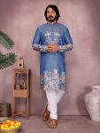 NEW ARRIVAL KHADI COTTON NECK EMBROIDERY SEQUENCE WORK AND PRINT WORK KURTA WITH PAYJAMA BLUE