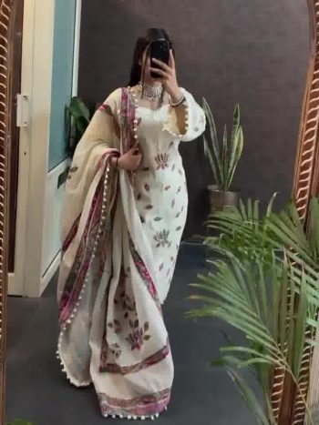 LATEST CHANDERI POSITON PRINT WORK TOP BOTTOM WITH DUPATTA OFF WHITE