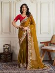 LATEST CHIFFON SILK EMBROIDERY WITH PIPING BORDER WORK SAREE WITH UNSTITCHED BLOUSE MUSTARD