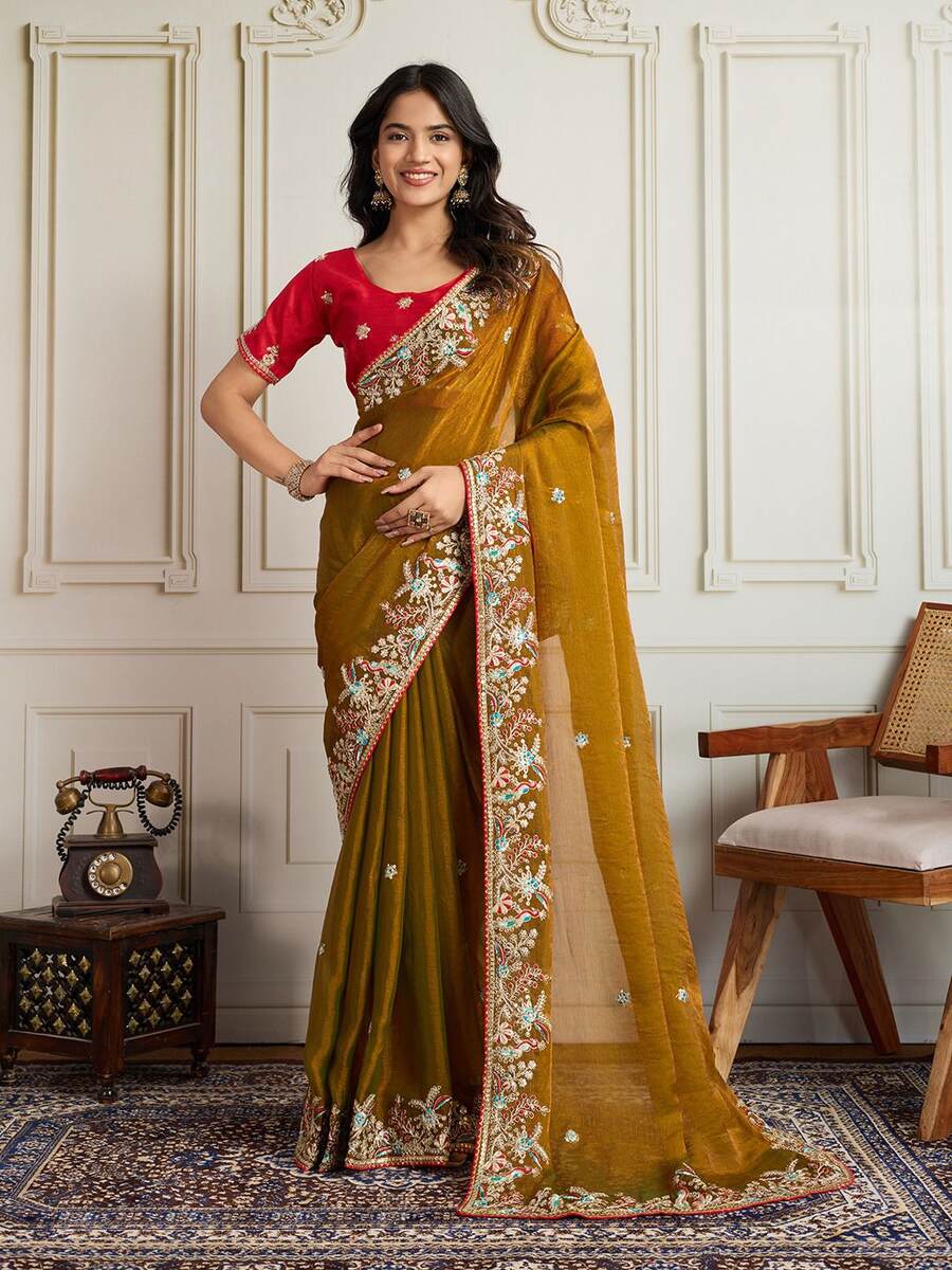 LATEST CHIFFON SILK EMBROIDERY WITH PIPING BORDER WORK SAREE WITH UNSTITCHED BLOUSE WEDDING WEAR WHOLESALE PRICE ETHNIC GARMENT (10)