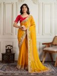 LATEST CHIFFON SILK EMBROIDERY WITH PIPING BORDER WORK SAREE WITH UNSTITCHED BLOUSE YELLOW
