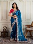 LATEST CHIFFON SILK EMBROIDERY WITH PIPING BORDER WORK SAREE WITH UNSTITCHED BLOUSE