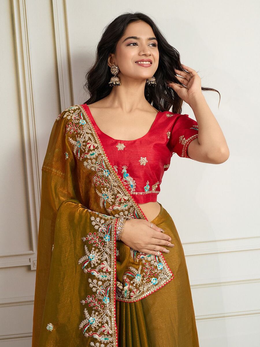 LATEST CHIFFON SILK EMBROIDERY WITH PIPING BORDER WORK SAREE WITH UNSTITCHED BLOUSE WEDDING WEAR WHOLESALE PRICE ETHNIC GARMENT (6)