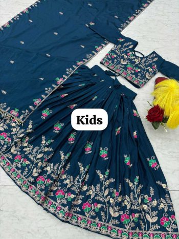 LATEST CHINON EMBROIDERY CODING THREAD WORK KID'S LEHENGA CHOLI WITH DUPATTA BLUE