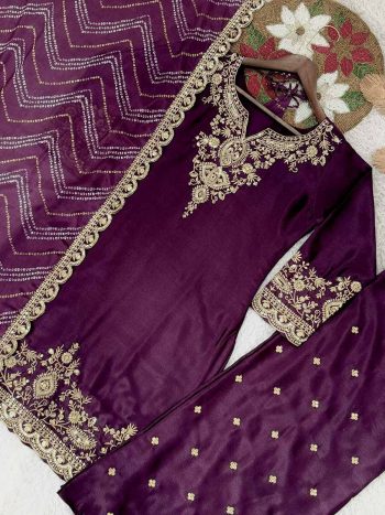 LATEST CHINON SILK DEMBROIDERY AND SEQUENCE WORK TOP PALAZZO WITH DUPATTA WINE