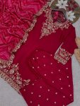 LATEST CHINON SILK DEMBROIDERY AND SEQUENCE WORK TOP PALAZZO WITH DUPATTA RED