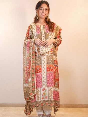 LATEST CHINON SILK DIGITAL PRINT WORK TOP BOTTOM WITH DUPATTA CREAM