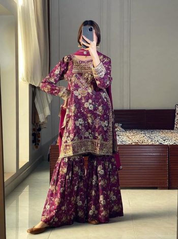 LATEST CHINON SILK EMBROIDERY SEQUENCE AND THREAD AND DIGITAL PRINT WORK TOP SHARARA WITH DUPATTA WINE