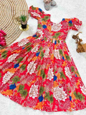 LATEST COTTON DIGITAL FLORAL PRINT KID'S GOWN RED