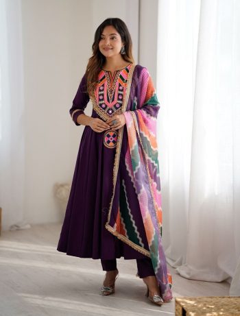 LATEST COTTON EMBROIDERY SEQUENCE WORK WITH REAL MIRROR WORK TOP BOTTOM WITH DUAPTTA PURPLE