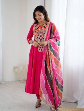 LATEST COTTON EMBROIDERY SEQUENCE WORK WITH REAL MIRROR WORK TOP BOTTOM WITH DUAPTTA PINK