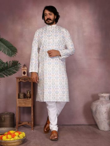 LATEST COTTON SEQUENCE WORK AND PRINTED MEN'S KURTA PAYJAMA WHITE