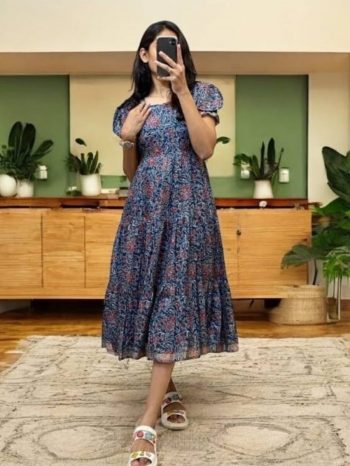 LATEST COTTON SILK DIGITAL PRINT WORK ONE PIECE DRESS BLUE