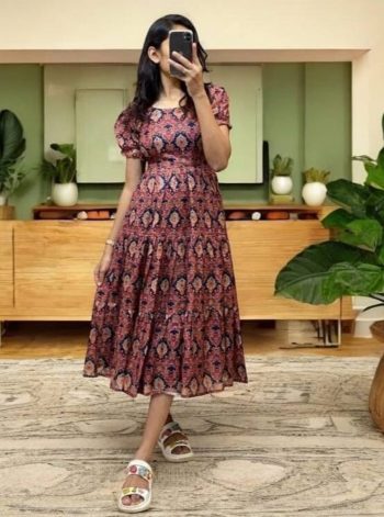 LATEST COTTON SILK DIGITAL PRINT WORK ONE PIECE DRESS BROWN