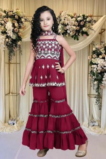 LATEST CREPE EMBROIDERY WORK KID'S TOP SHARARA WITH DUPATTA PINK