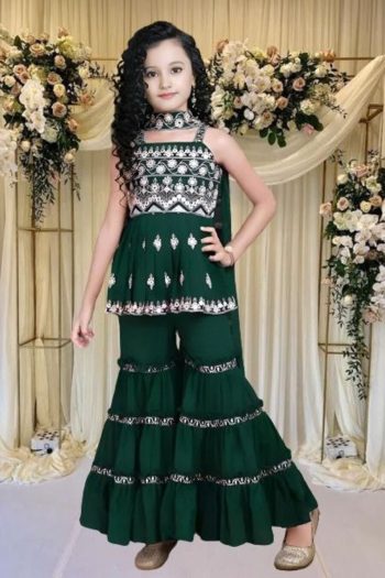 LATEST CREPE EMBROIDERY WORK KID'S TOP SHARARA WITH DUPATTA GREEN